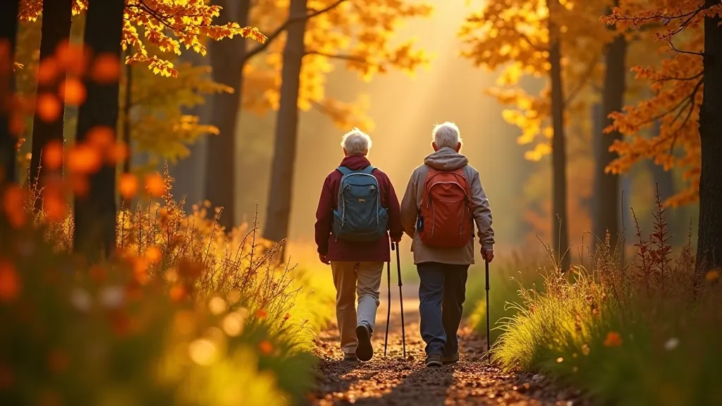Seniori pārgājienā rudens meža vidū